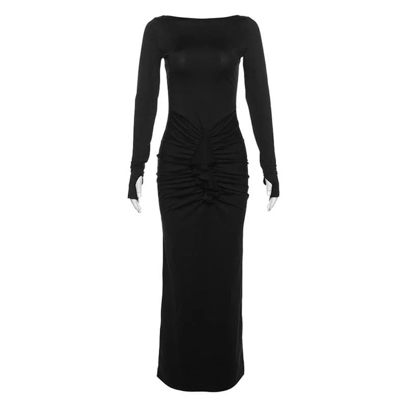 ruched-long-sleeve-solid-gloves-round-neck-maxi-dress