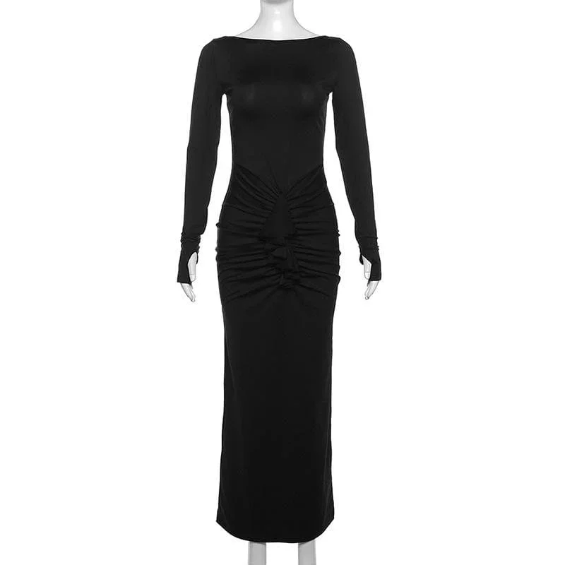 ruched-long-sleeve-solid-gloves-round-neck-maxi-dress