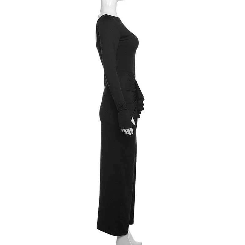 ruched-long-sleeve-solid-gloves-round-neck-maxi-dress