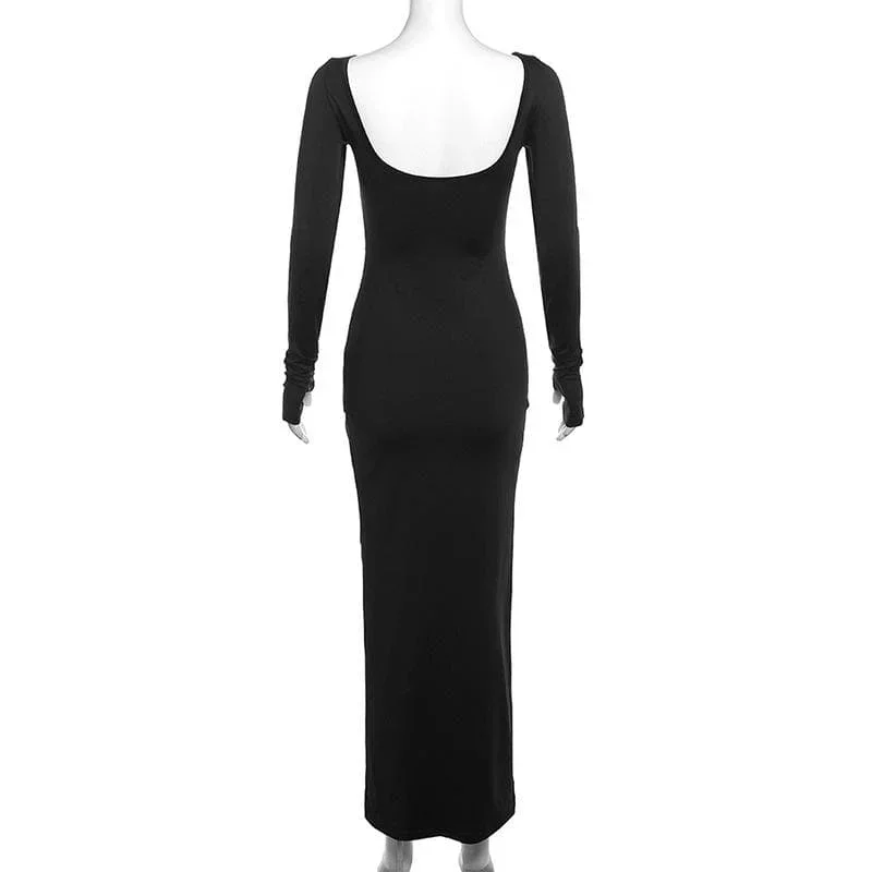 ruched-long-sleeve-solid-gloves-round-neck-maxi-dress