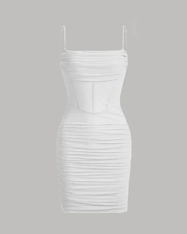 Ruched Mesh Cami Bodycon Summer Short Dress In White