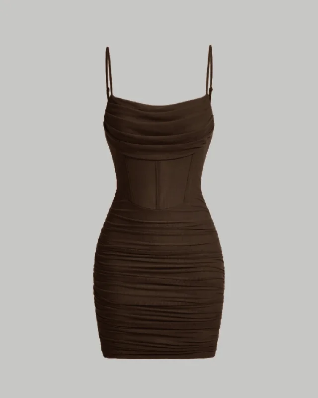 Ruched Mesh Cami Summer Short Bodycon Dress In Brown