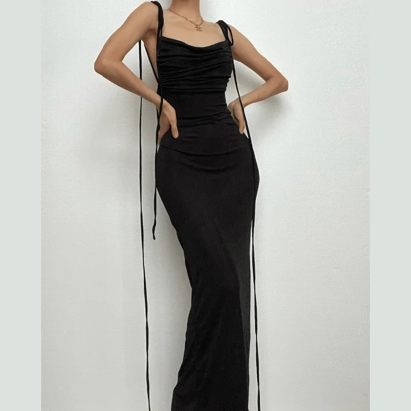 BerryBetty - Ruched solid lace up backless cowl neck maxi dress