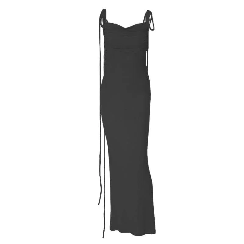 ruched-solid-lace-up-backless-cowl-neck-maxi-dress