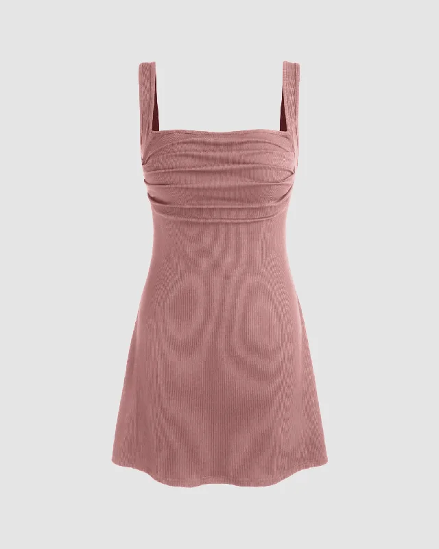 Ruched Square Neck Mini Dress In Dusty Pink