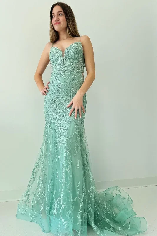 Sage Green Appliques Spaghetti Strap Mermaid Long Prom Dress