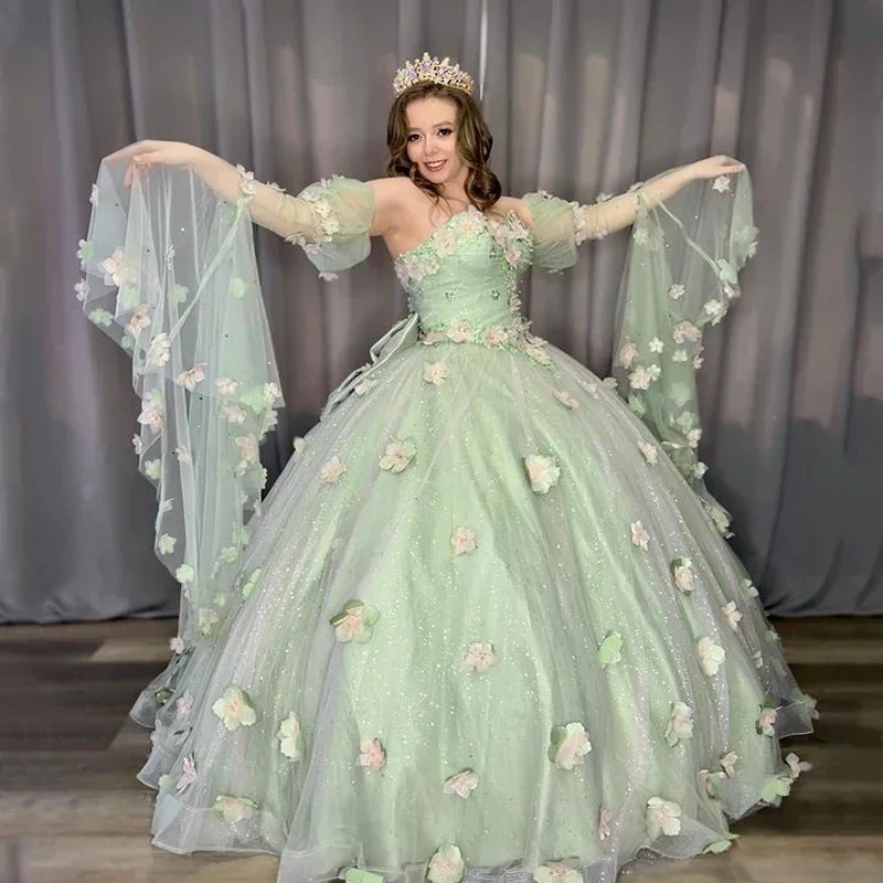 Sage Green Off-Shoulder Ball Gown Princess Quinceanera Dress Bead Appliques 3DFlower Glitter Tulle Vestidos De Birthday Party