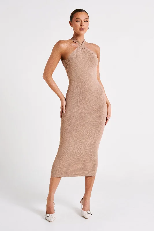 Sarai Halter Neck Knit Midi Dress - Wheat