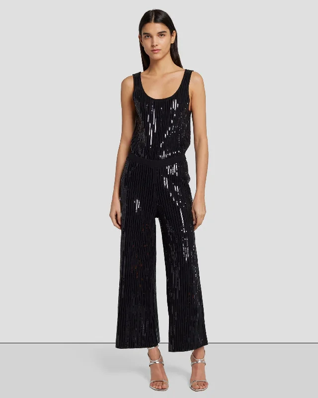 Sequin Wide Leg Knit Jumpsuit in Black