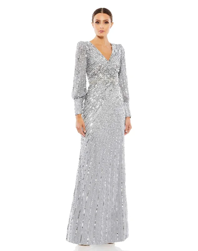 Sequined Wrap Over Bishop Sleeve Gown