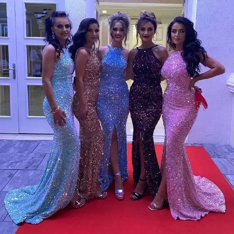 Sexy Glitter Mermaid Prom Dresses 2024 Halter Neck Formal Homecoming Dress For Sweet Girl Plus Size Split Evening Party Gowns