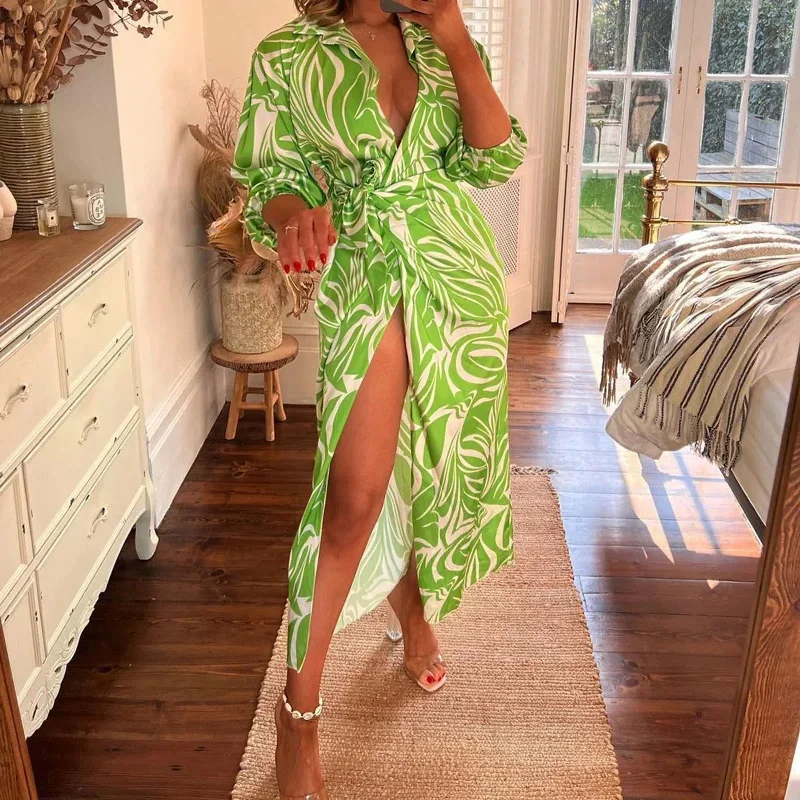 JuliaFashion - Sexy Tie-Up Wrap Split Robe Party Women Half Sleeve Elegant Colorblock Striped Print Lapel Shirt Lady Long Dress