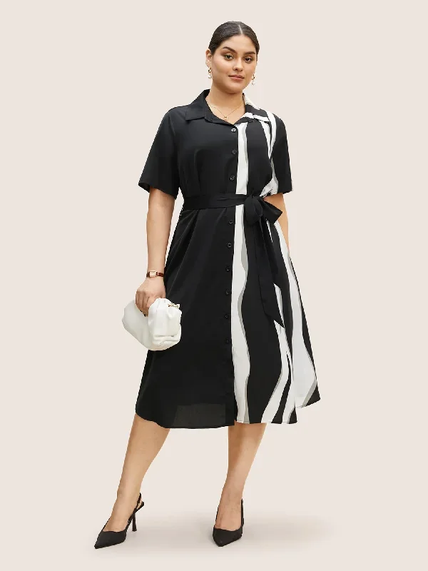 Shirt Collar Striped Contrast Belted Midi Dress