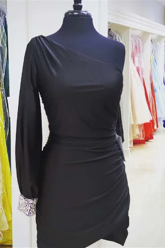 Short Black One Sleeve Homecoming Dress