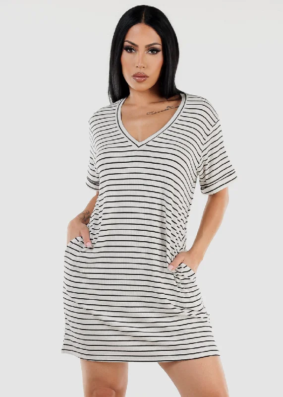 Short Sleeve Stripe Mini T-shirt Dress White