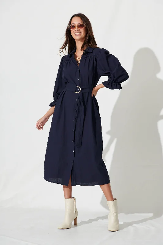 Sicilian Midi Shirt Dress In Navy Cotton