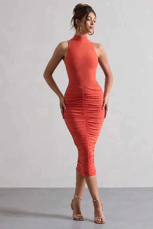 Sidnie | Orange Ruched Bodycon High-Neck Midi Dress