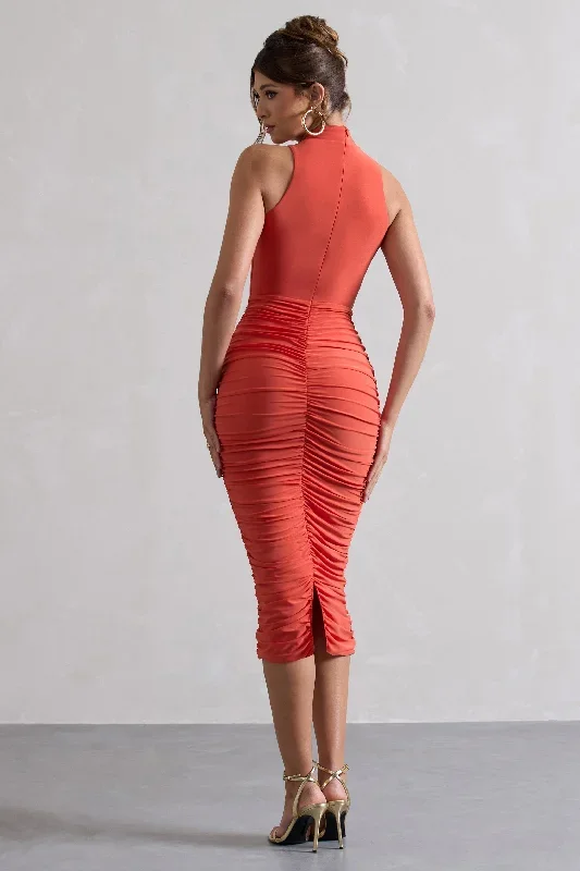 sidnie-orange-ruched-bodycon-high-neck-midi-dress-cl132352016