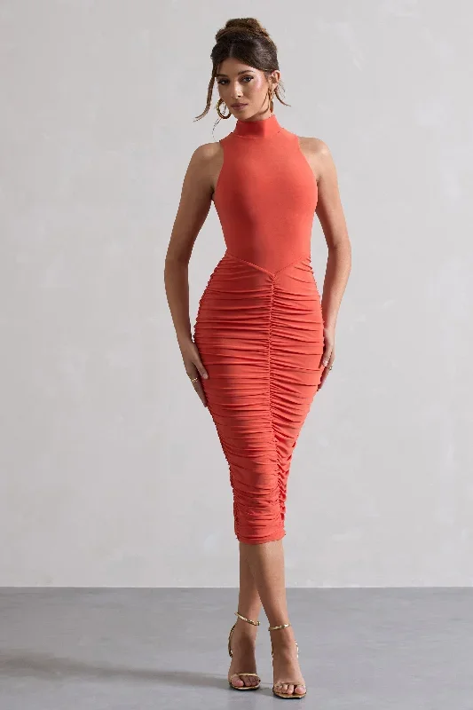 sidnie-orange-ruched-bodycon-high-neck-midi-dress-cl132352016