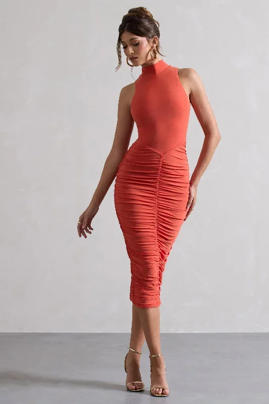 sidnie-orange-ruched-bodycon-high-neck-midi-dress-cl132352016