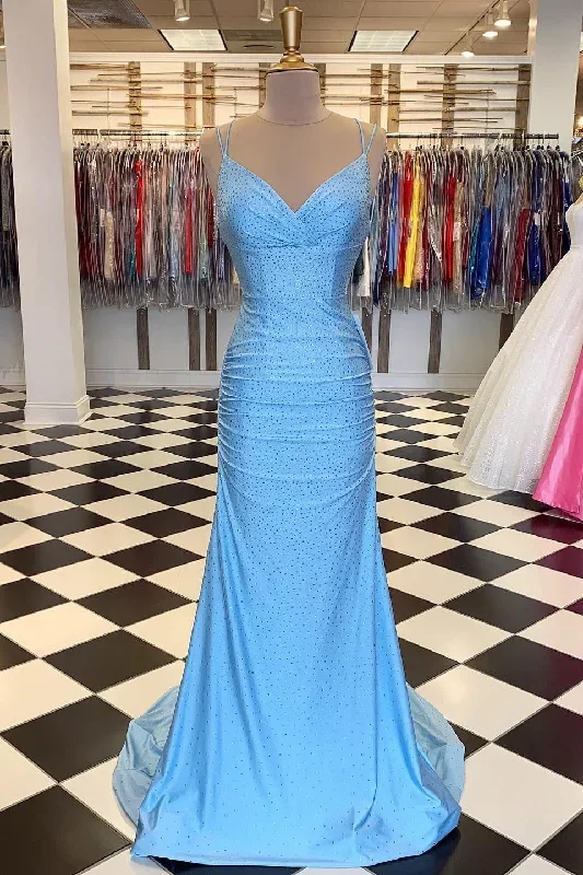 Sky Blue V-Neck Backless Mermaid Long Formal Dress