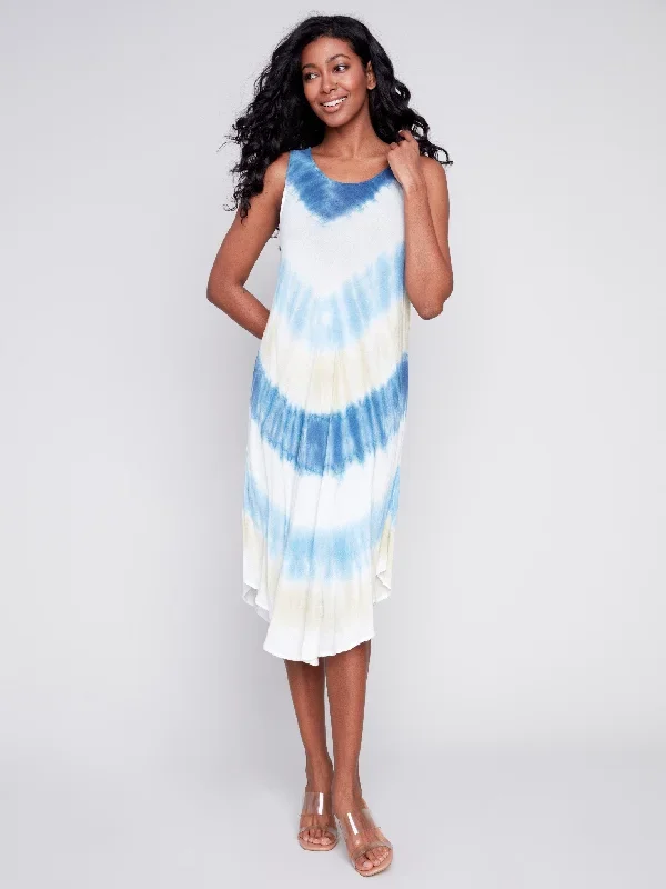 Sleeveless Printed Rayon Dress - Blue