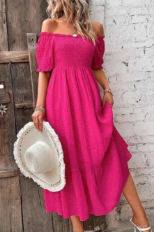 Smocked Chest Off The Shoulder Midi Dress