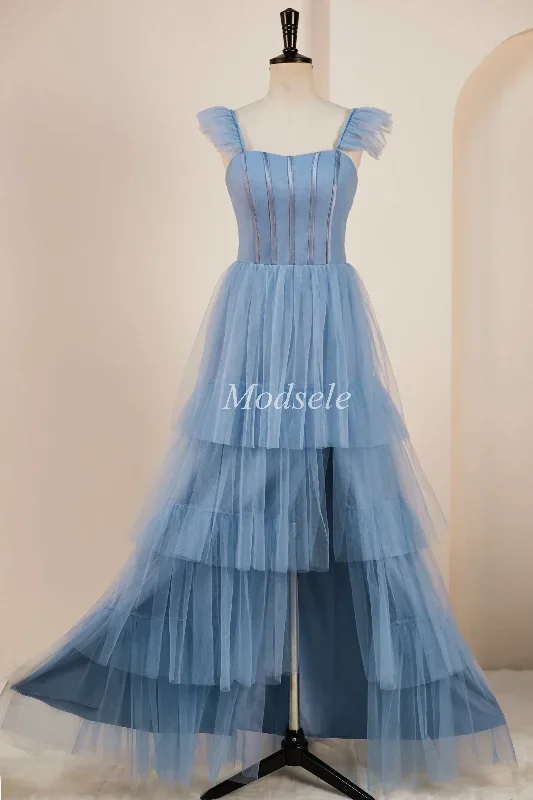 smoky-blue-tiered-a-line-long-prom-dress-with-flutter-sleeves