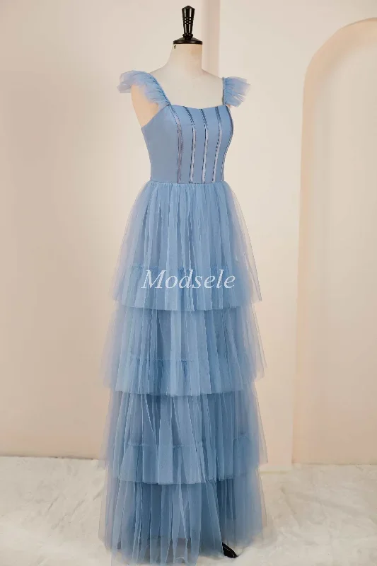 smoky-blue-tiered-a-line-long-prom-dress-with-flutter-sleeves