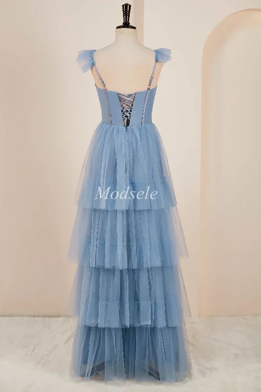 smoky-blue-tiered-a-line-long-prom-dress-with-flutter-sleeves