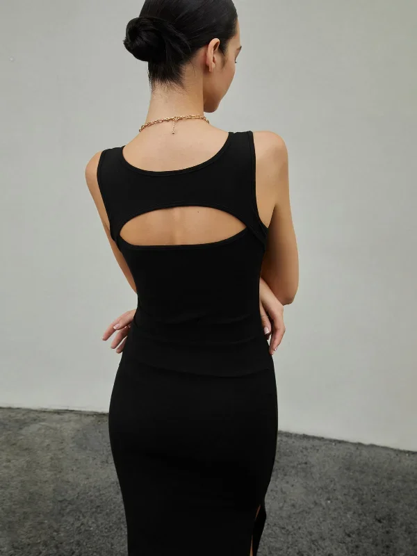 Solid Cutout Split Midi Dress