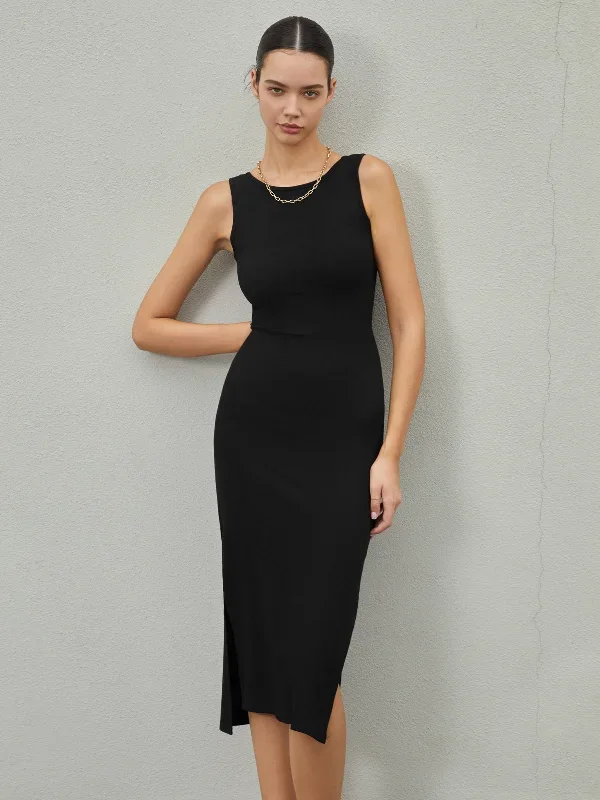 solid-cutout-split-midi-dress