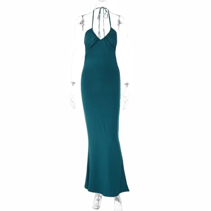 solid-halter-v-neck-ruched-self-tie-backless-maxi-dress