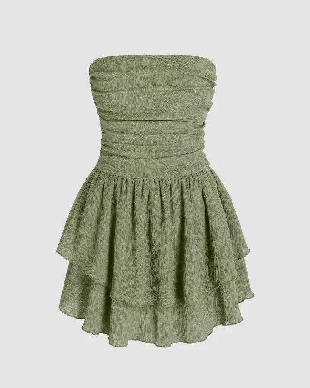 Solid Ruched Bust Ruffle Tube Dress In Herbal Green