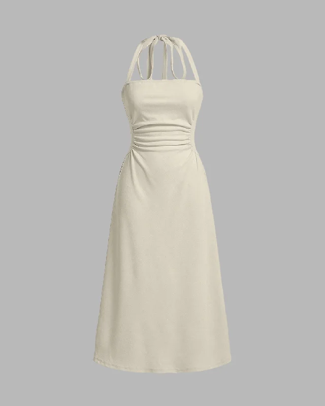 Solid Ruched Waist Halter Neck Long Dress In Off-White