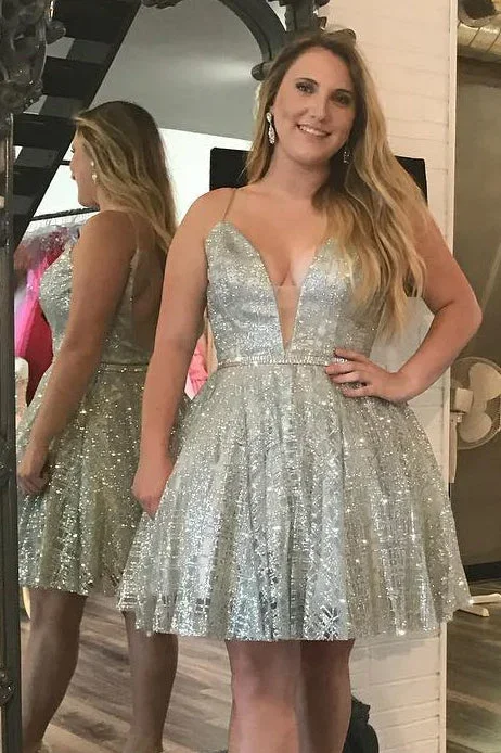 Sparkling Illusion V Silver Homecoming Dress with Beading