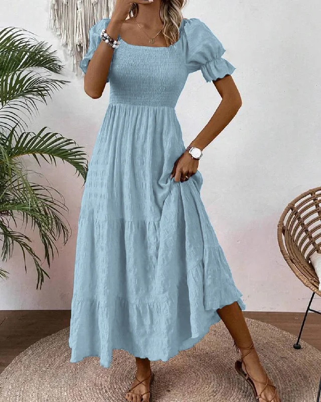 Square Neck Puff Sleeve A-line Puff Sleeve Long Light Blue Dress