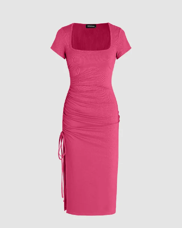 Square Neck Ribbed Side Slit Pink Maxi Dress