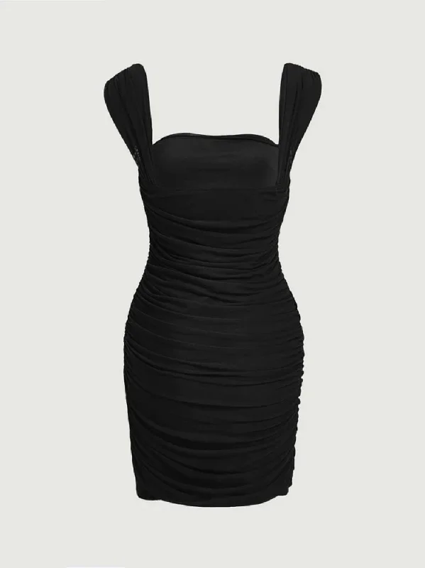 square-neck-ruched-sheer-bodycon-black-mini-dress