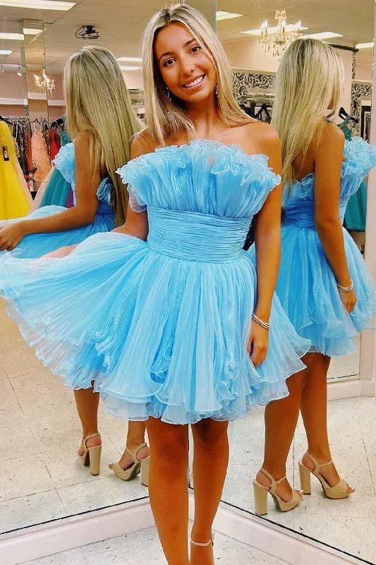 Strapless Ruffled Sky Blue Tulle Short Party Dress