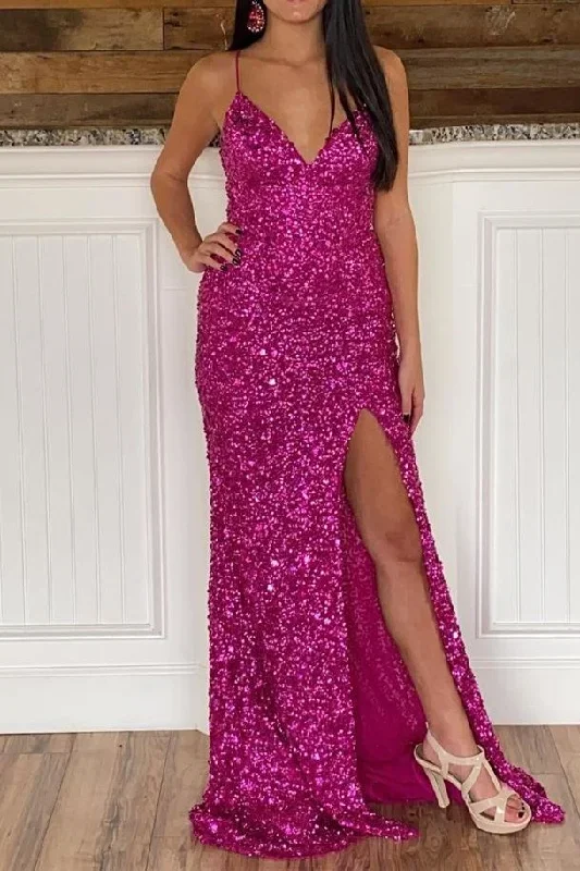 Straps Fuchsia Sequins Mermaid Long Prom Dress