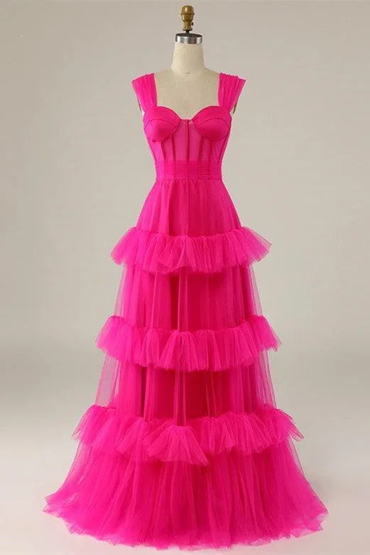 Straps Hot Pink Ruffle Tiered Long Prom Dress