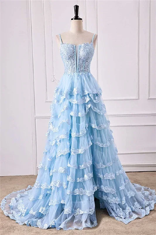 Straps Plunging Neck Light Blue Ruffle Prom Dress with Appliques