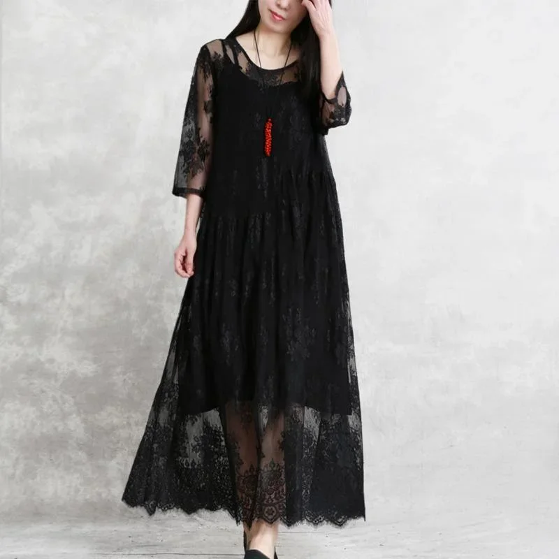 Style black clothes boutique o neck lace two pieces Maxi Summer Dress