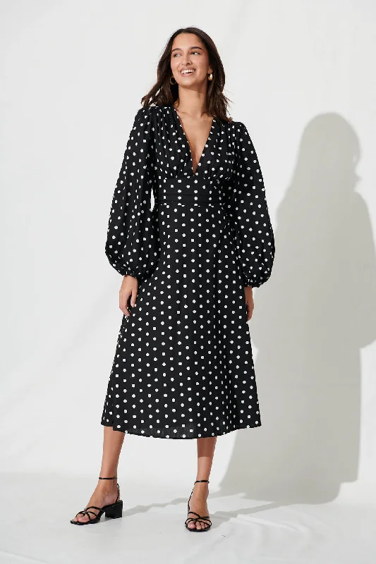 sunburst-midi-dress-in-black-with-white-spot-cotton