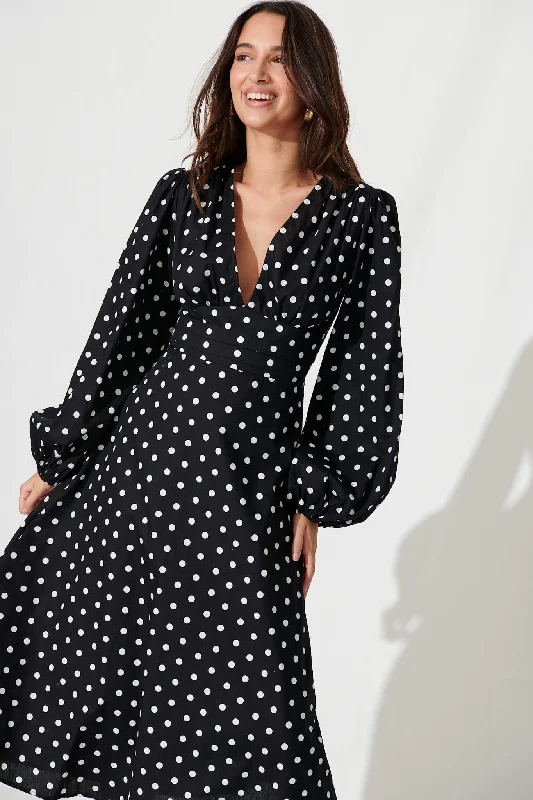 sunburst-midi-dress-in-black-with-white-spot-cotton