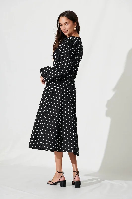 sunburst-midi-dress-in-black-with-white-spot-cotton