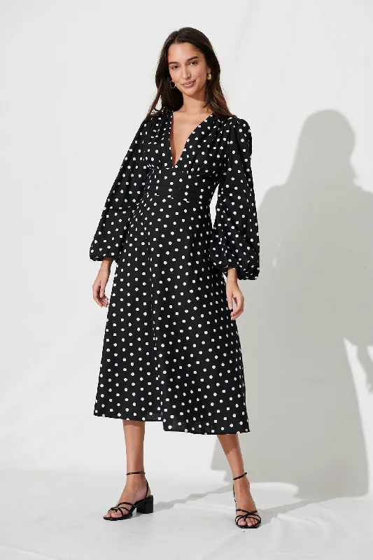 sunburst-midi-dress-in-black-with-white-spot-cotton