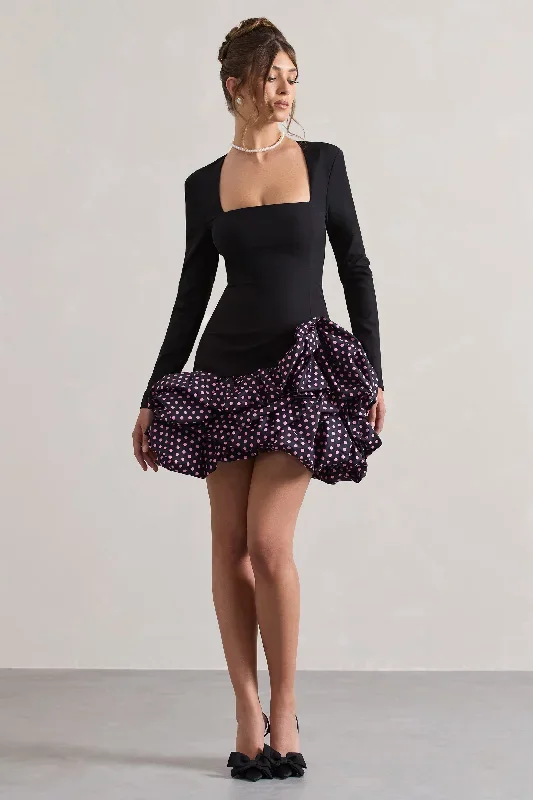 Surreal | Black Polka Dot Square-Neck Mini Dress With Ruffles