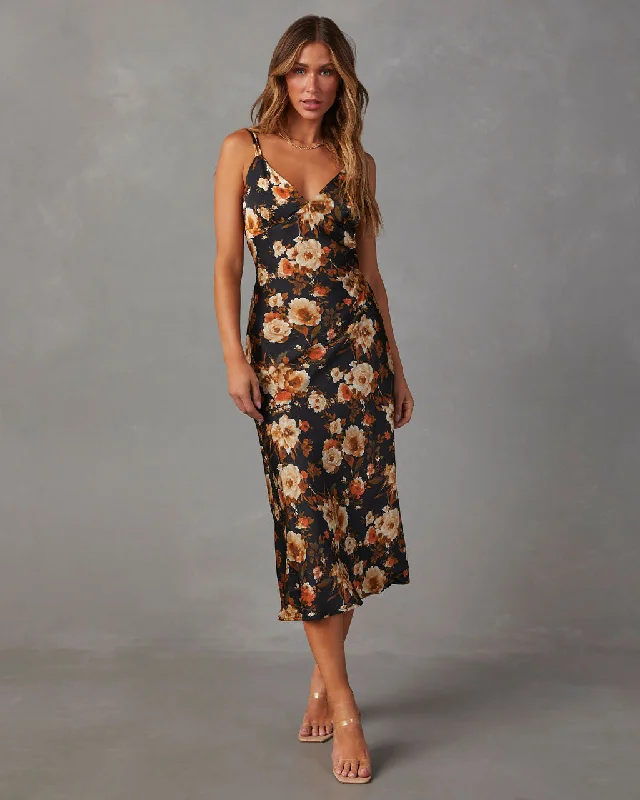 Sweet Sunflower Satin Floral Midi Dress